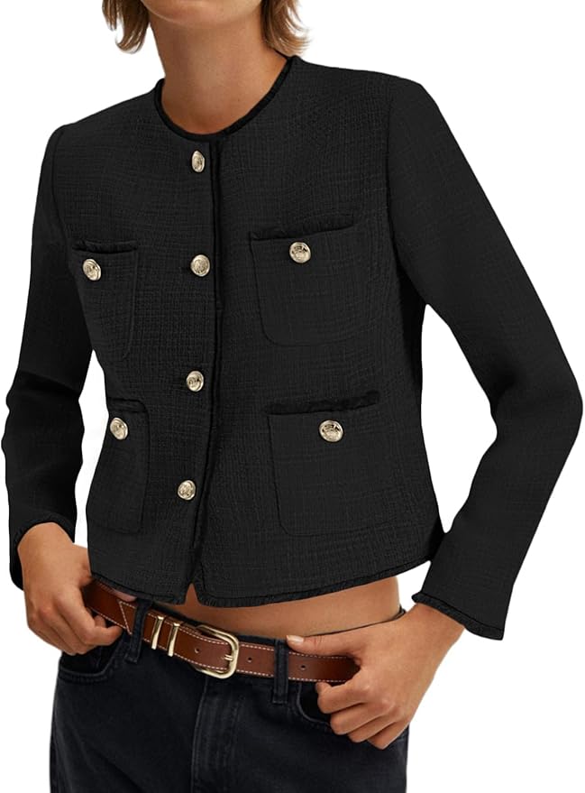 Tweed Blazers for Women 2025 Collarless Button Down Cropped Jackets
