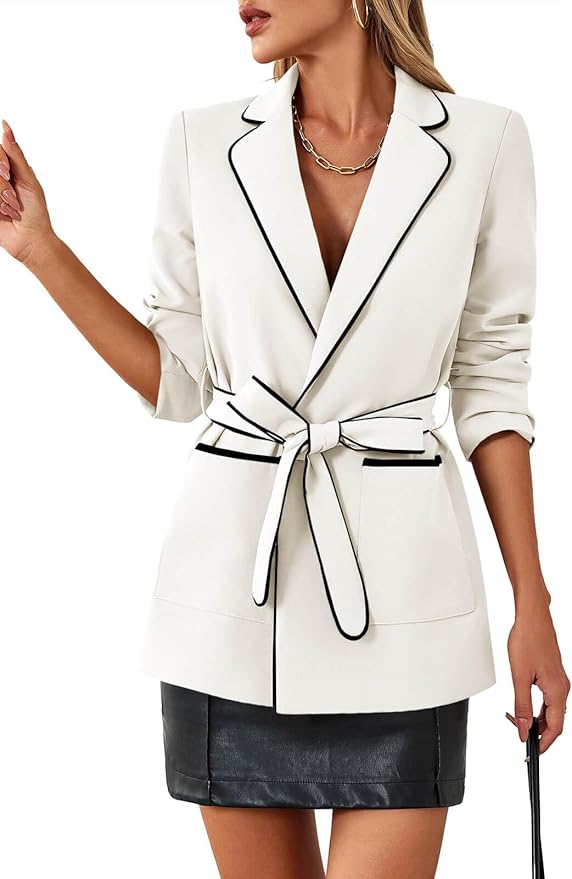 Belted Casual Blazer Long Sleeve Open Front Contrast Binding Suit Jackets Dressy Blouse Tops