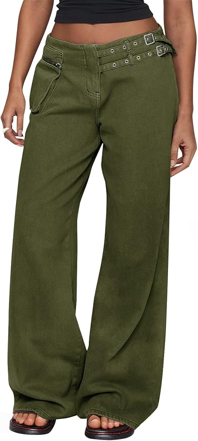 Wide Leg Jeans with Buckle Detail Casual Mid Rise Boyfriend Baggy Denim Pants with Pockets 2025