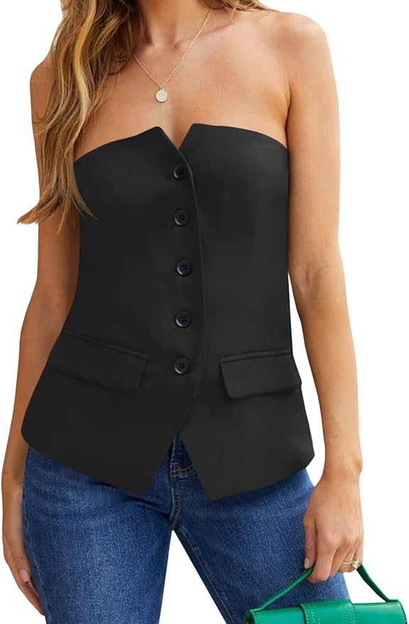 Notched Neck Tube Tops Blazer Sleeveless Button Fitted Strapless Work Blazer Vest