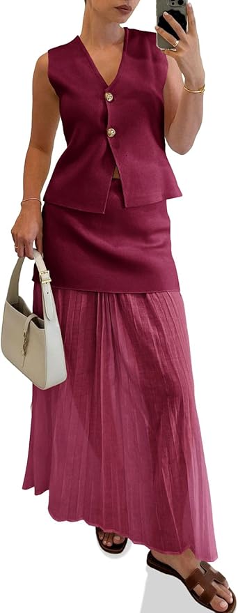 Summer 2 Piece Outfits V Neck Sleeveless Blazer Waistcoat and Mesh Maxi Skirt Suit Sets