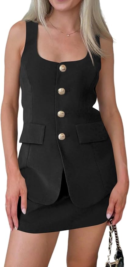 Summer 2 Piece Outfits Sleeveless Scoop Neck Fitted Blazer Vest Matching Set Mini Skirt Short Suit Work Sets