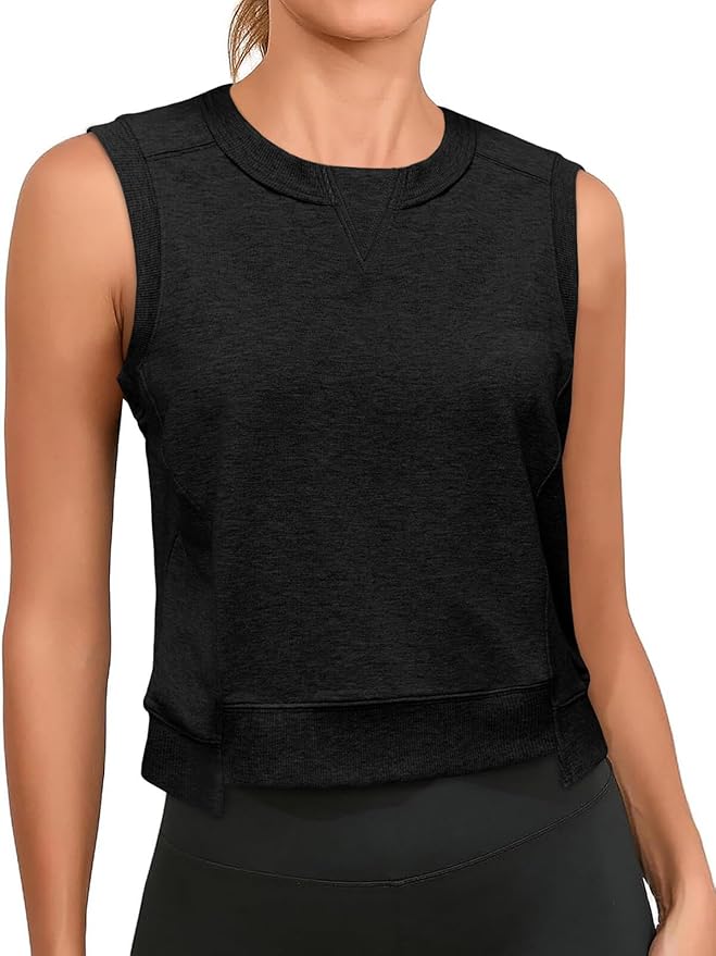 Cropped Workout Tank Tops Summer Casual Sleeveless Sweatshirts Athletic Gym Crew Neck Tees