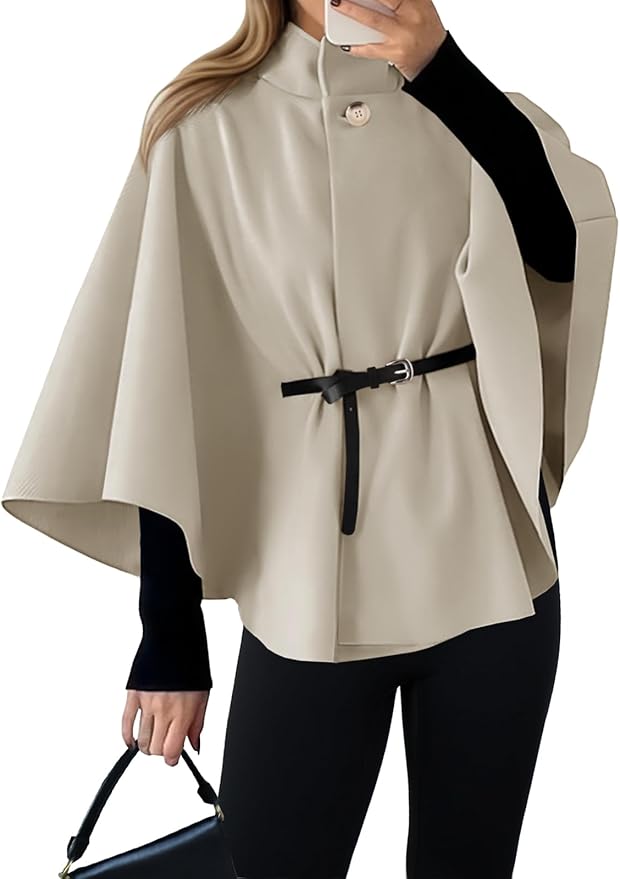 Batwing Sleeve Poncho Pea Coats Oversized Belted Trendy Casual Stand Collar Cloak Cape Coats