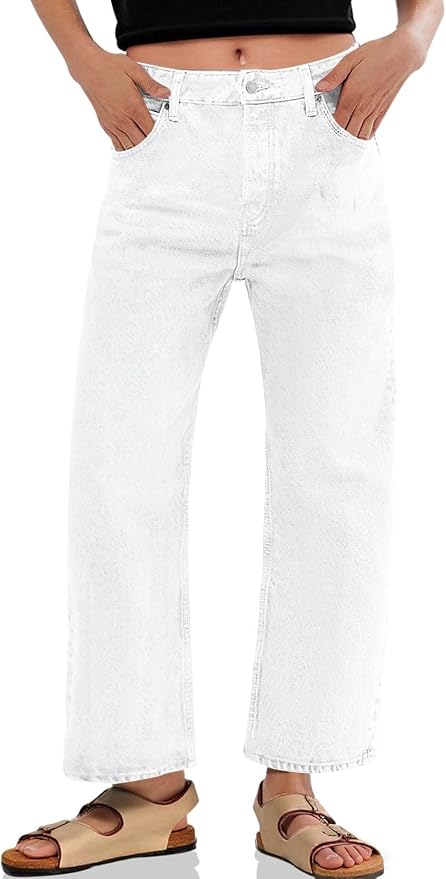 Baggy Horseshoe Jeans Boyfriend Wide Leg Vintage Mid Rise Cropped Denim Pants
