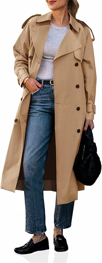 Long Trench Coat Double Breasted Classic Lapel Fall Overcoat with Belt