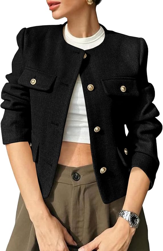 Cropped Tweed Blazers Jacket Collarless Button Down Business Casual 2025 Fall Outfits Winter Coats