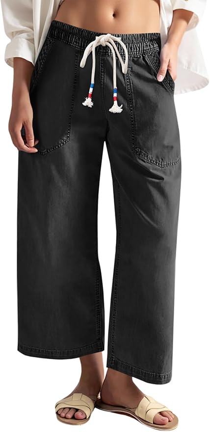 Wide Leg Jeans Casual Drawstring High Wasit Boyfriend Loose Baggy Capri Denim Pants with Pockets