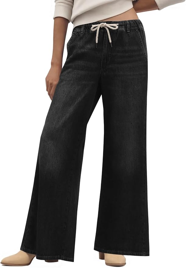 Wide Leg Flare Jeans Casual Drawstring High Waist Vintage Denim Pants with Pockets