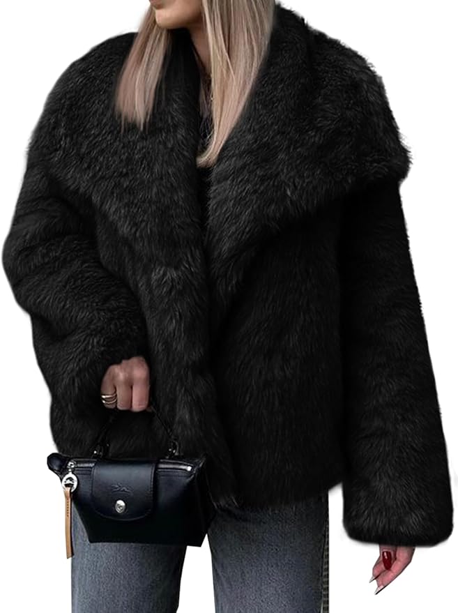 Faux Fur Coat Winter Shaggy Casual Oversized Lapel Jackets Warm Fuzzy Outerwear