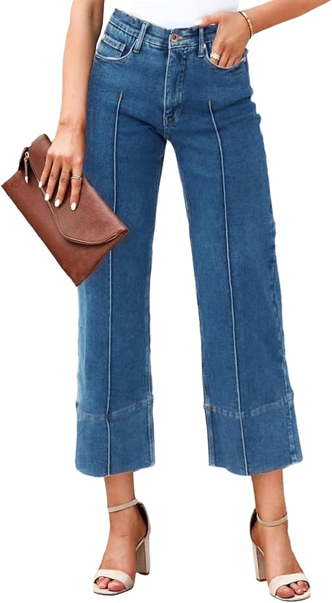 Baggy Wide Leg Cropped Jeans Casual High Waisted Loose Vintage Denim Pants with Pockets