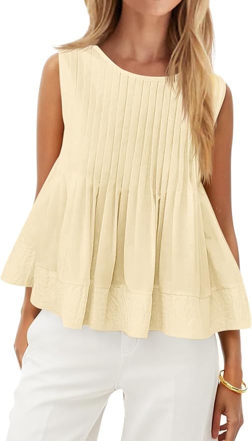 Pleated Peplum Tank Tops for Women Summer Casual Sleeveless Babydoll Blouse Flowy Cotton Shirt
