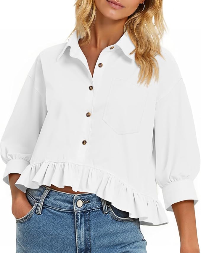 Cropped Button Down Shirts 3/4 Length Sleeve Casual Cotton Blouses Loose Fit Ruffle Hem Tops