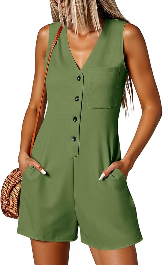 Summer Casual Romper Button Down V Neck Sleeveless Short Jumpsuits Loose Fit Beach Vacation Outfits
