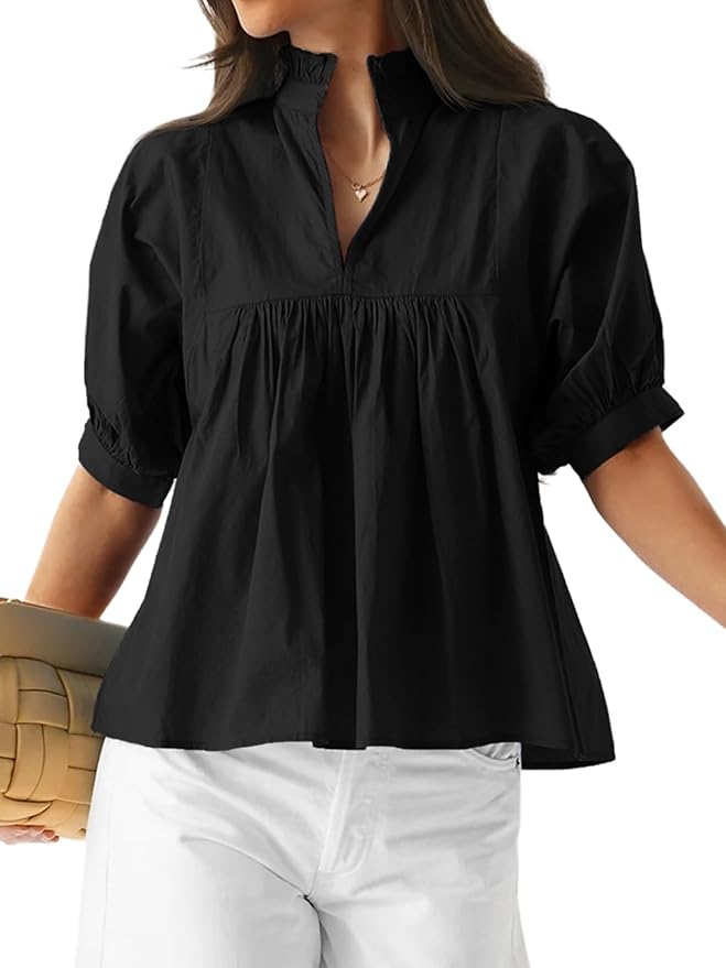 Puff Sleeve V Neck Blouse Babydoll Peplum Tops Dressy Casual Pleated Loose Fit Shirts