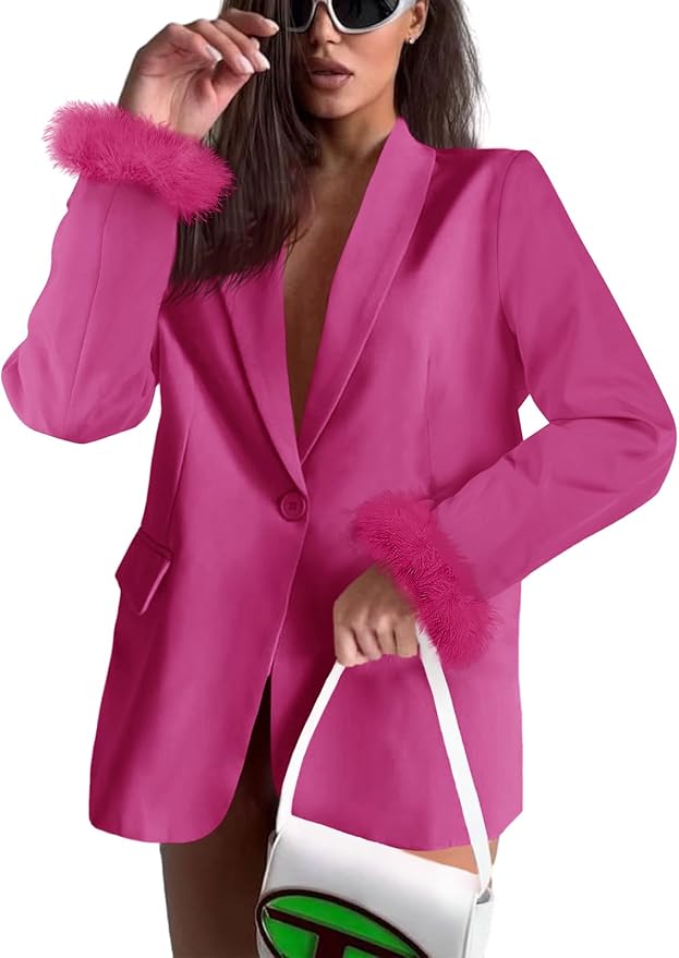 Feather Cuff Oversized Blazer Jacket Dressy Open Front Elegant Long Sleeve Party Outfits