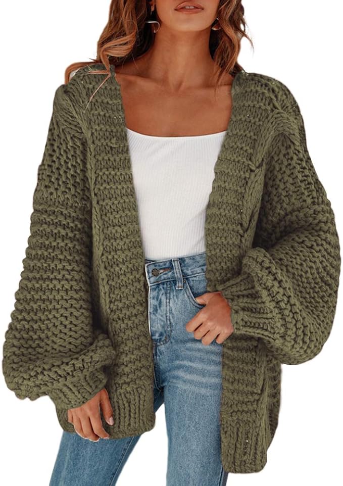 Open Front Chunky Knit Cardigan Loose Lantern Sleeve Oversized Sweater Coats