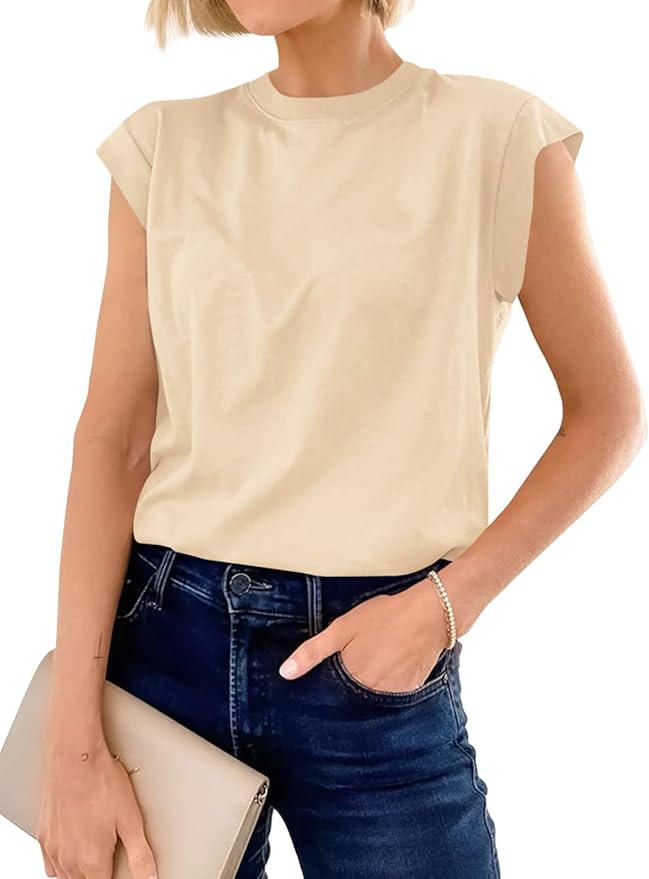 Cap Sleeve Cotton Tank Tops Summer Casual Loose Fit T Shirts Crew Neck Basic Tee