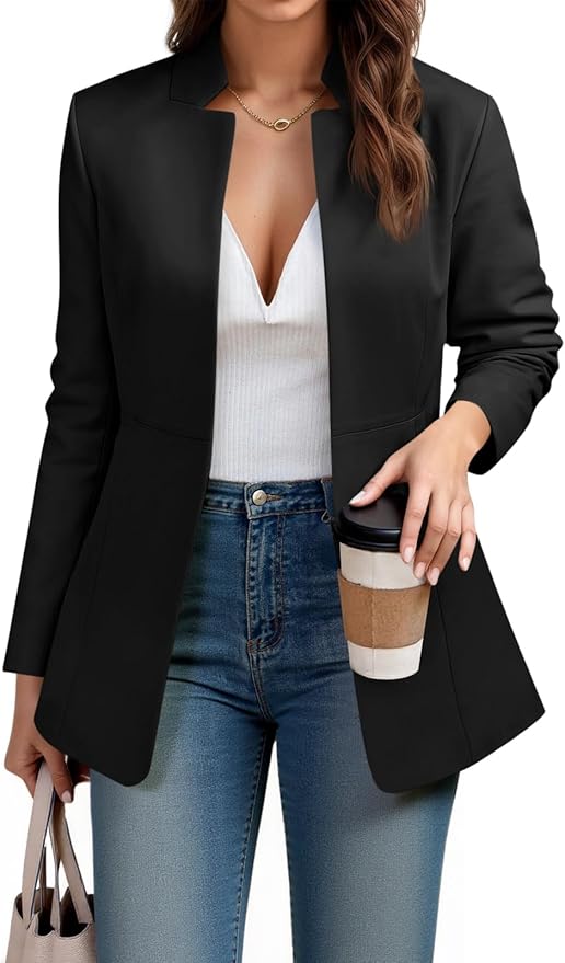 Business Casual Blazer Long Sleeve Open Front Notch Stand Collar Blazer Work Office Jacket Suit