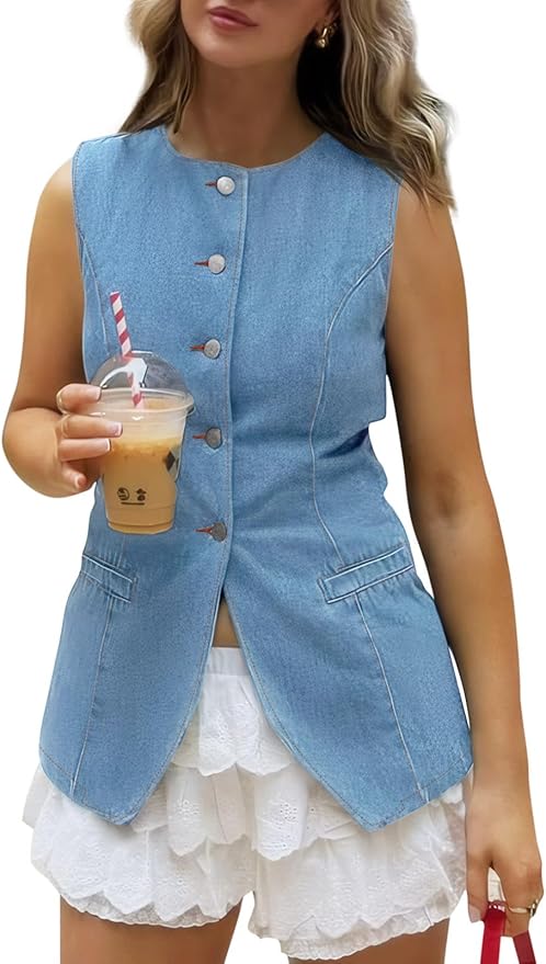 Round Neck Denim Waistcoat Vest Summer Button up Jean Vest Tops Fitted Sleeveless Jackets