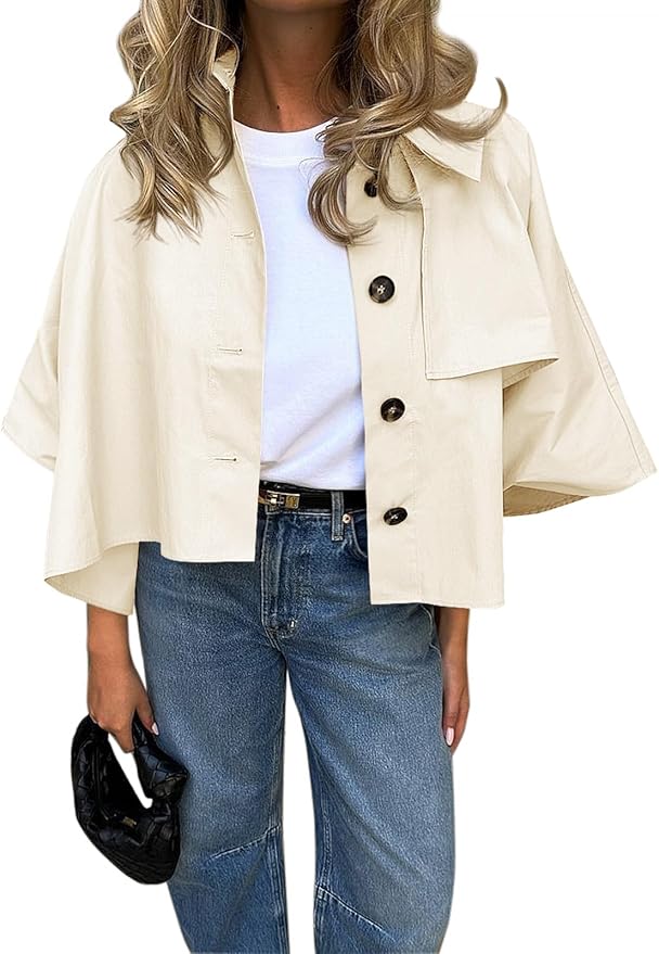 Oversized Cropped Trench Coats Single Breasted 3/4 Cape Sleeve Trendy Casual Jackets Button up Outerwear