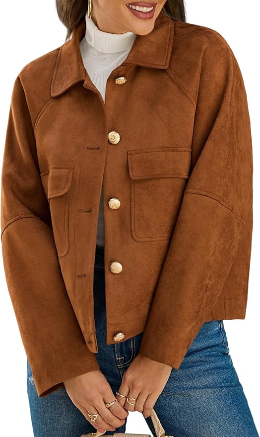 Faux Suede Leather Jackets Cropped Casual Lapel Collar Button Down Oversized Fall Vintage Shackets