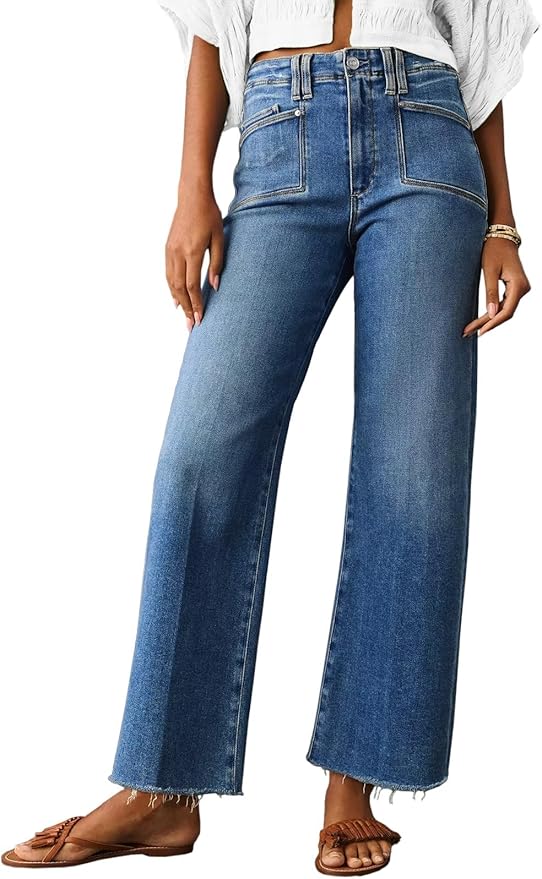 High Waisted Cropped Jeans Trendy Stretchy Baggy Straight Leg Raw Hem Capri Denim Pants