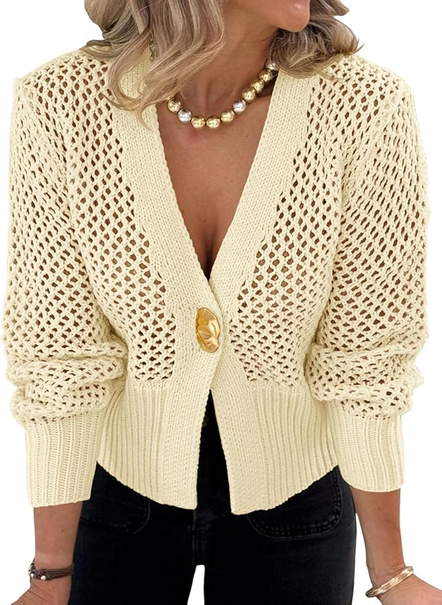 Cropped Crochet Cardigans Hollow Out Button Down Lantern Sleeve Knit Sweaters Casual Mesh Loose Fit Cover Up