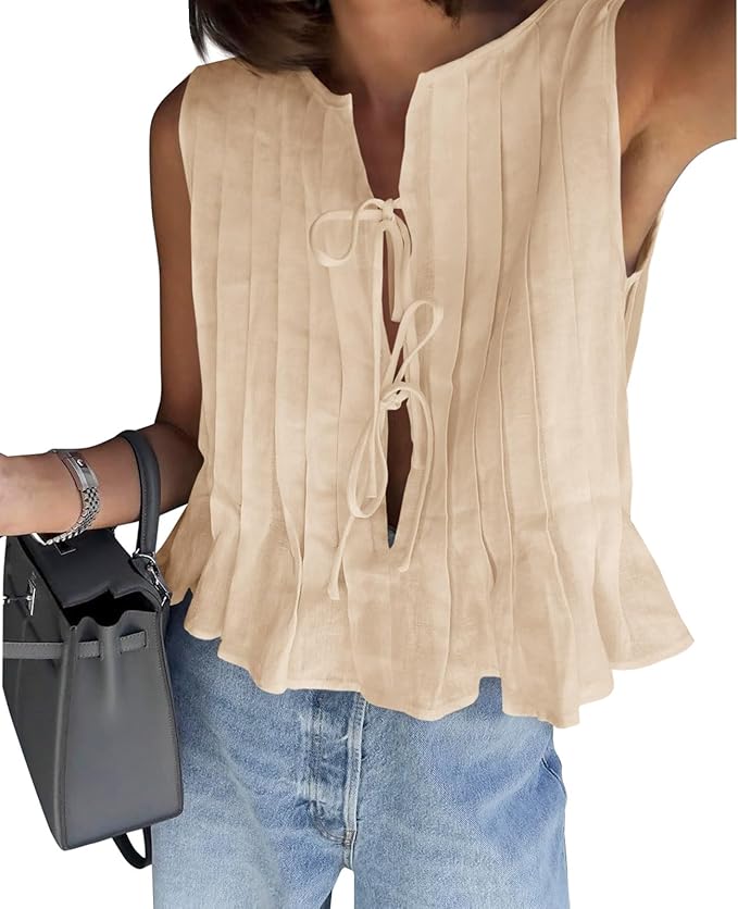 Bow Front Tie Tank Tops Pleated Babydoll Top Sleeveless Cute Coquette Shirt Summer Outfits