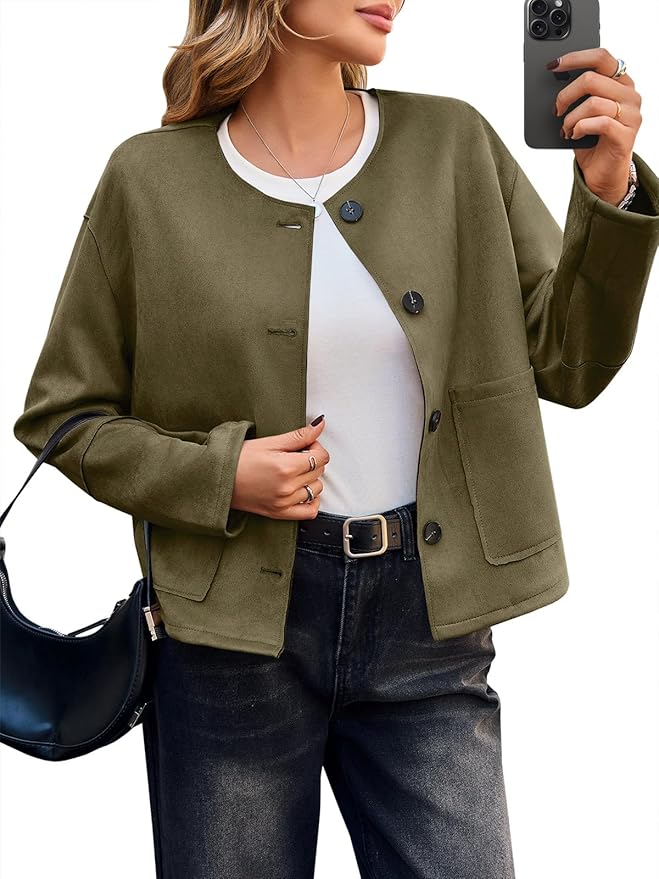 Faux Suede Leather Jackets Trendy Casual Cropped Outerwear Button Down Collarless Short Bomber Shackets