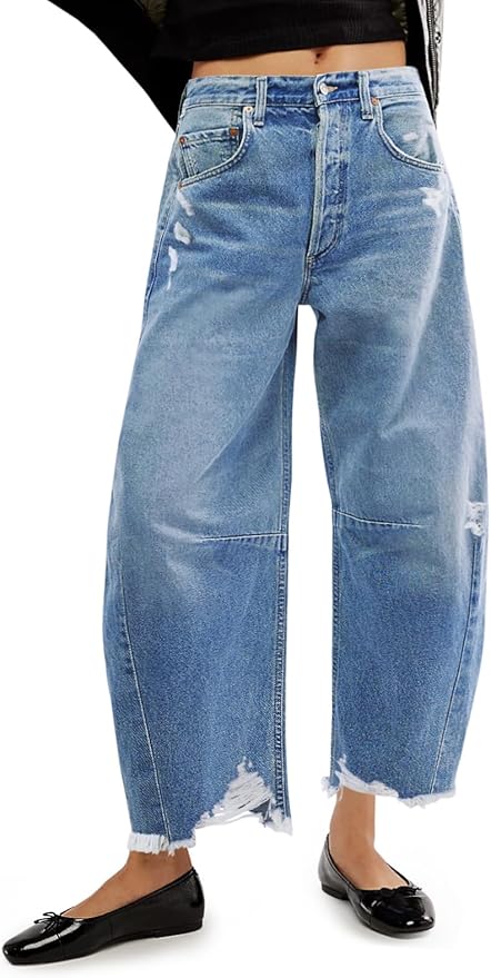 Baggy Barrel Jeans Cropped Boyfriend Wide Leg Raw Hem Denim Pants