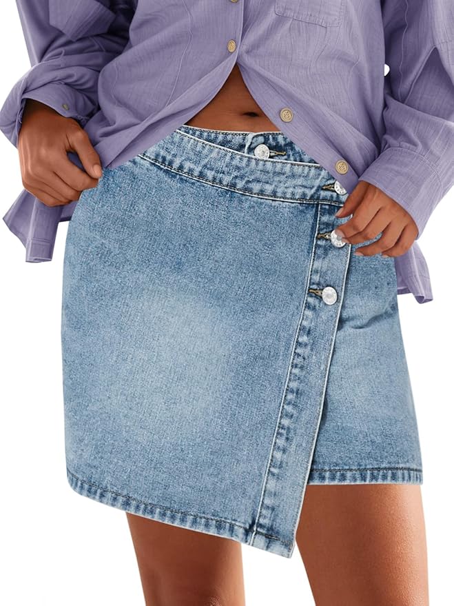 Jean Skirts Casual Wrap Button Asymmetrical Hem Summer Denim Mini Skirt