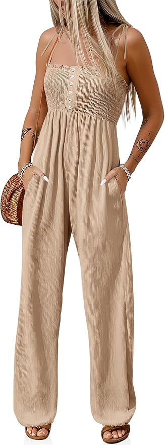 Summer Smocked Jumpsuits Loose Fit Adjustable Spaghetti Strap Jumpers Button Front Jogger Leg Overalls