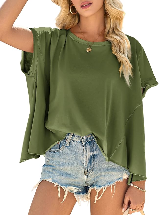 Women Oversized Batwing Short Sleeve Tops Summer Irregular Hem Casual T Shirts Loose Fit Tees