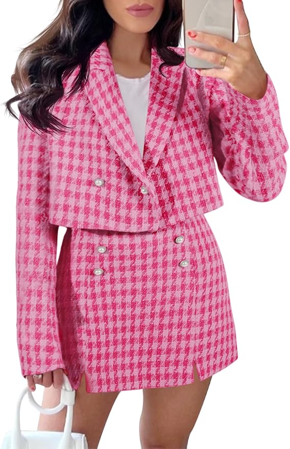 Cropped Tweed Blazer Sets 2 Piece Outfits and Mini Skirt Sets Business Casual Suits