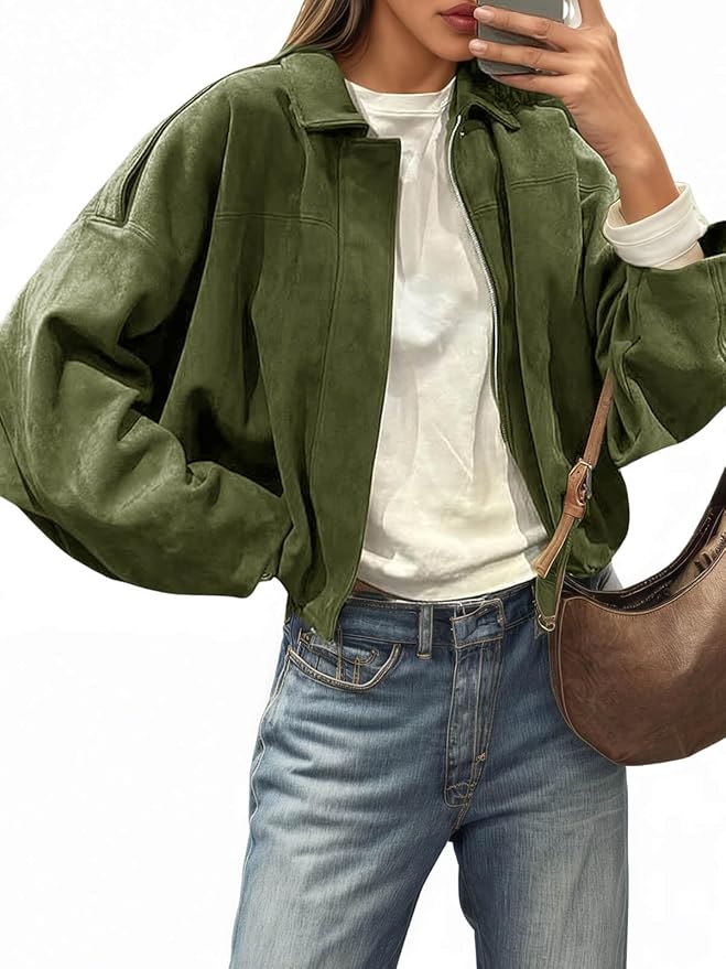 Faux Suede Bomber Jackets Oversized Cropped Zip Up Lapel Coats Fall Casual Outerwears