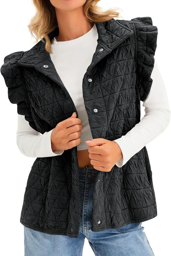 Women Ruffles Puffer Vest Sleeveless Button Down Padded Jacket Gilet Trendy Fall Winter Outerwear