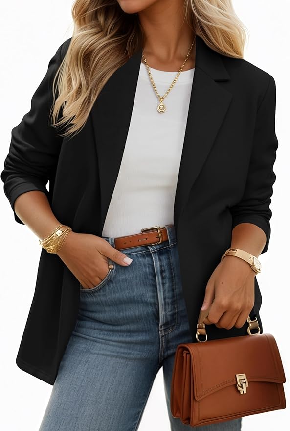 Casual Knit Blazer Long Sleeve Open Front Blazers Stretchy Work Office Suit Jackets with Pockets