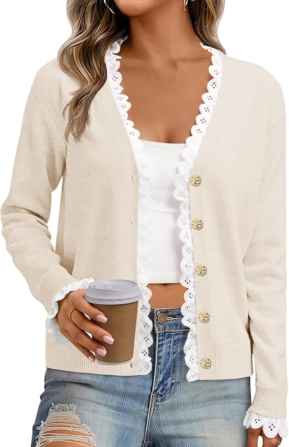 Lace V Neck Cardigan Sweaters Button Down Long Sleeve Knit Tops Fall Trendy Lightweight Open Front Sweater