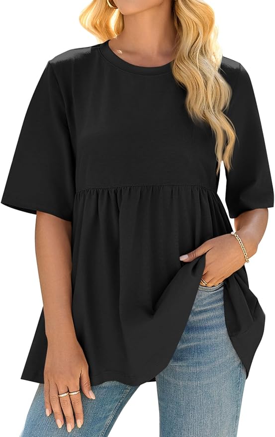 Summer Babydoll Tops Oversized Short Sleeve Crewneck T Shirts Peplum Casual Loose Blouse