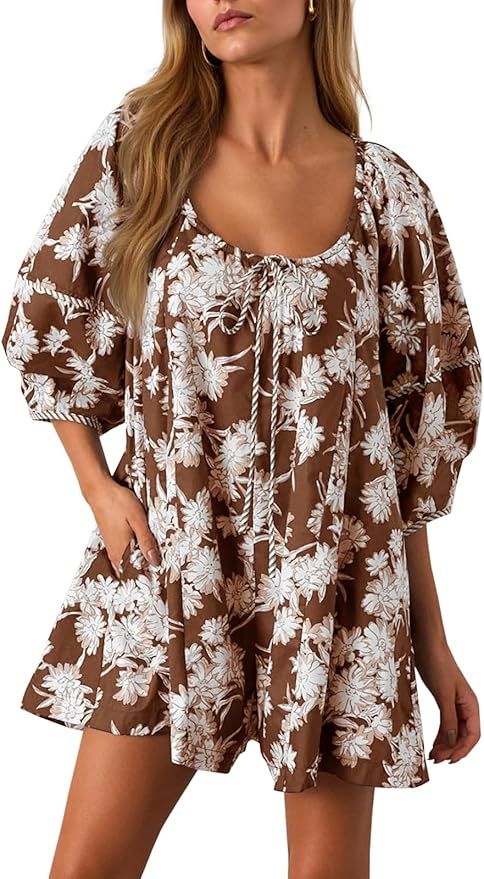 Summer Floral Romper Loose Scoop Neck Lantern Sleeve Short Jumpsuits Front Tie Beach Outfits