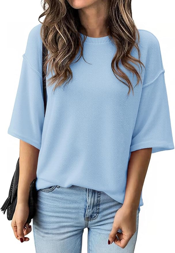 Oversized Sweaters 3/4 Sleeve Summer Casual Knitted Tops Crewneck Lightweight Loose Pullover Blouses
