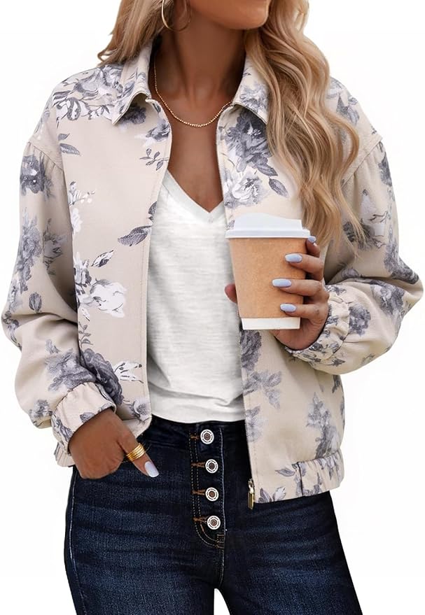 Floral Zip Up Bomber Jackets Cropped Long Sleeve Denim Coats Trendy Casual Collared Vintage Outerwear