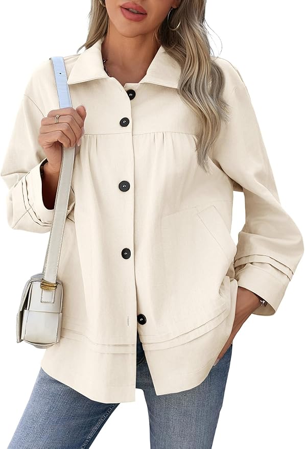 Oversized Casual Jackets Lightweight Pleated Babydoll Shackets Cotton Button Down Coats
