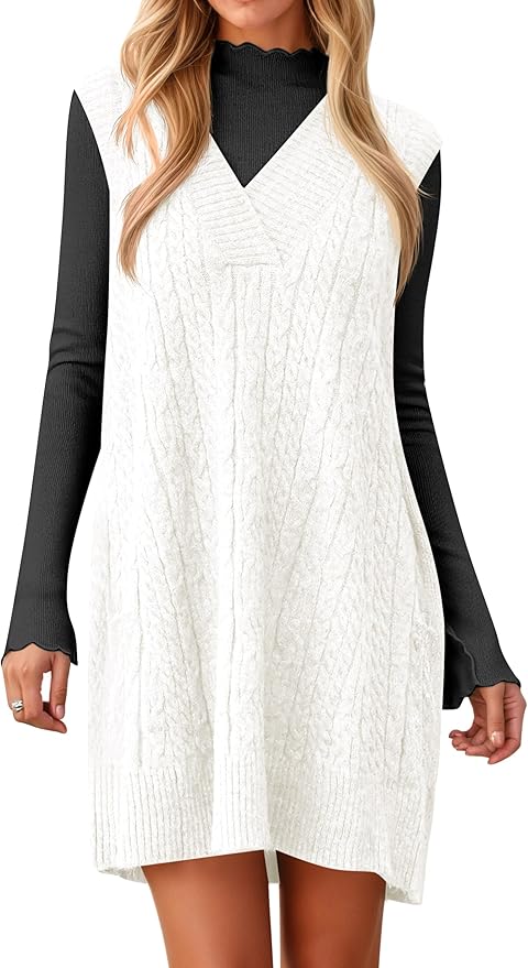 Oversized Sweater Vest Dress V Neck Sleeveless Fall Trendy Casual Knit Cable Mini Dresses
