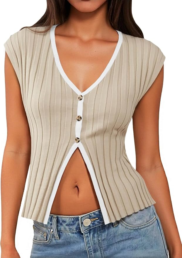 Cute Going Out Tops Ribbed Button Up Tank Tops Cap Sleeve Sweater Vest Summer Sexy Outfits