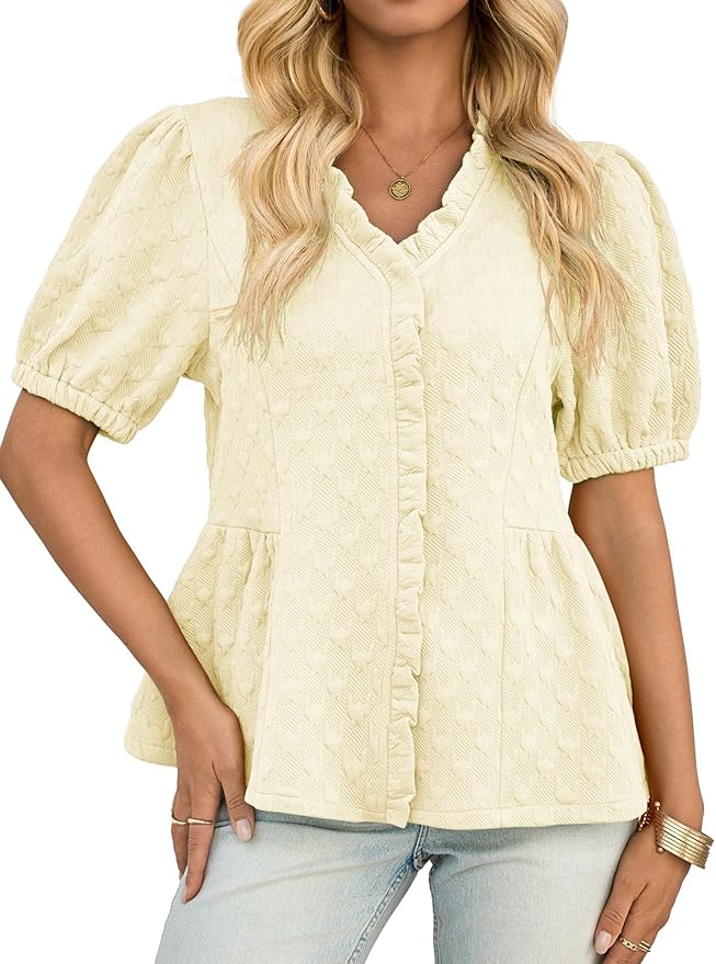 Peplum Puff Sleeve Tops Dressy Casual Summer Textured Blouses V Neck Ruffle Pleated Shirts