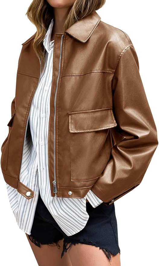 Faux Leather Bomber Jackets Zip Up Cropped Lapel Moto Coats Trendy Casual Outerwear with Pockets
