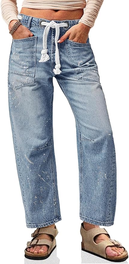 Baggy Barrel Horseshoe Jeans Wide Leg Drawstring Vintage Denim Pants with Front Pockets