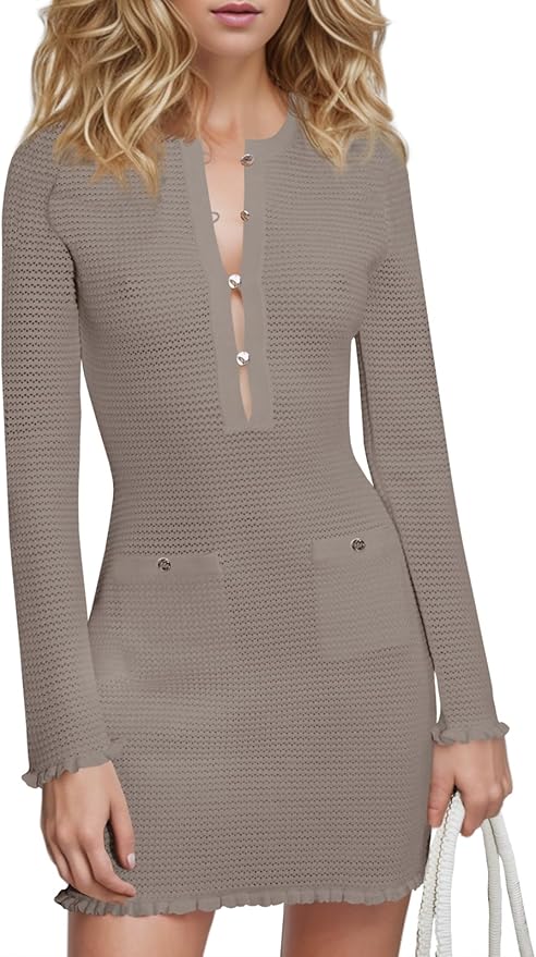 Knit Sweater Dress Sexy Deep V Neck Long Sleeve Button Front Frill Slim Fit Mini Dress